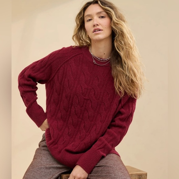 Aerie Cable Crew Sweater Dark Red Cherry Tart Size S - Picture 1 of 12